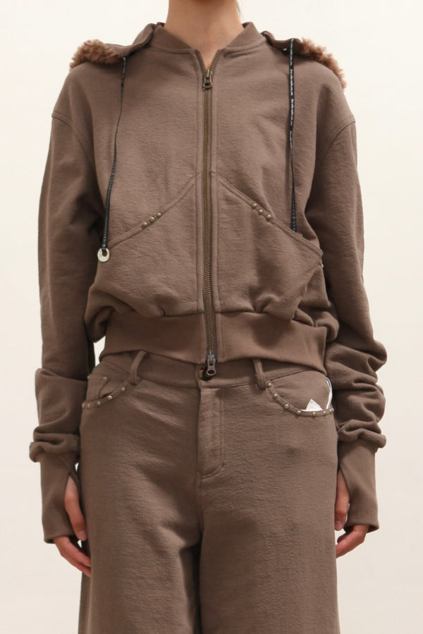 RUI built 25 autumn and winter patchwork detachable hooded short jacket RUI-RAW25WV12-Taupe gray brown